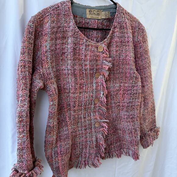 E.C.C. Ecuadorian Handmade Wool Cotton Fringe Jacket Pink Textured Tweed Size L - Picture 3 of 4